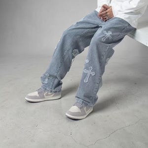 Ch Gothic Cross Denimbyxor | Y2K Baggy Streetwear Jeans, Lågmidjade Byxor Med Vida Ben