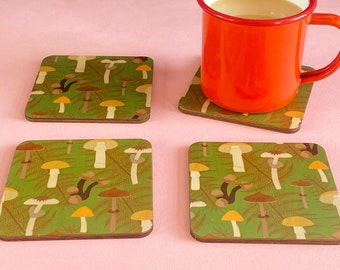 Fungi coaster set | green mushroom print | wooden coasters