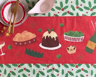 Double sided table runner | handmade to order | kitsch Christmas food and drink print | red and green