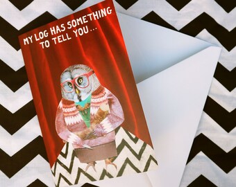 Log Lady Owl Greeting Card, add your own message inside from the log, by Chimps Tea Party