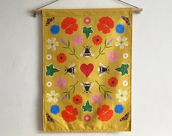 Fabric wall hanging | handmade wall art | bee and wildflower print on mustard yellow | made to order