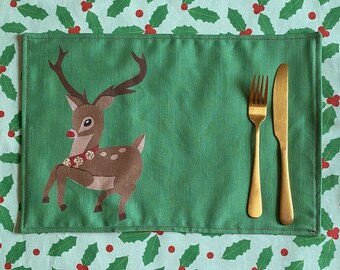 Fabric placemat set | Rudolph the reindeer Christmas print | red and green