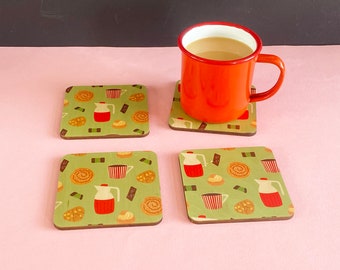 Fika coaster set | vintage inspired coffee and cake print | wooden coasters