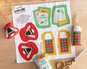 Sew your own Christmas tree fabric decorations | nature explorer books, vintage flask and bumble bee | craft project