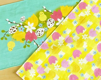 Double sided table runner | turquoise, yellow & pink spring flower easter print | handmade to order