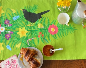 Spring table runner | handmade to order | green with flowers, birds, insects