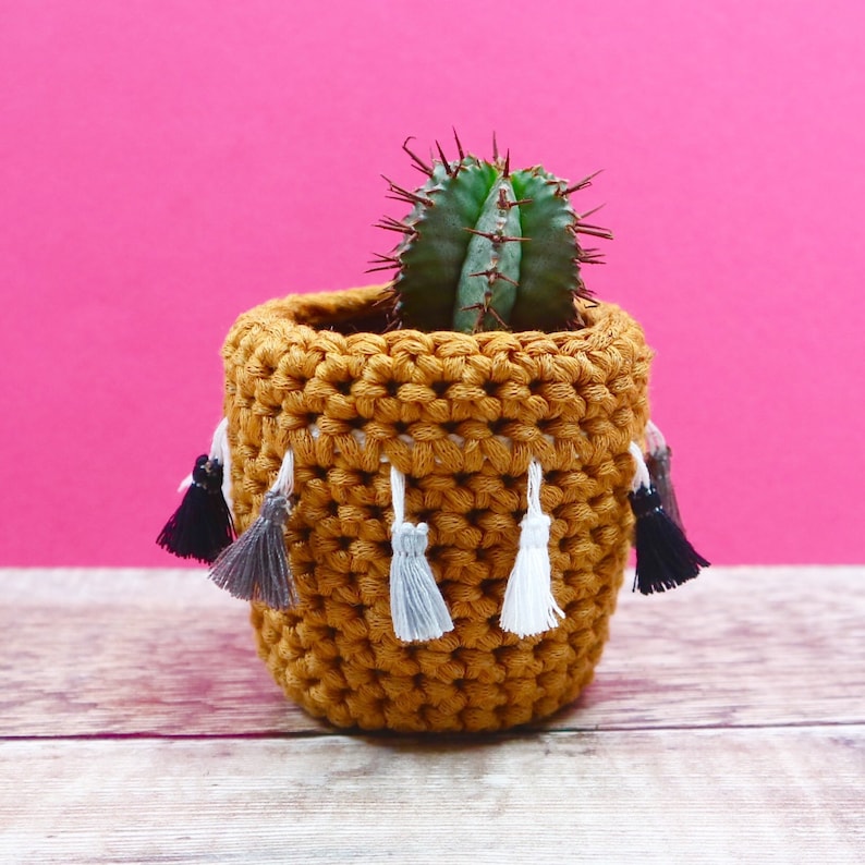 Recycled Yarn by Chimps Tea Party mustard with monochrome tassels Crochet cactus cosy