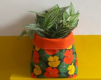 Plant pot cosy | orange nasturtium flower print | fabric storage basket