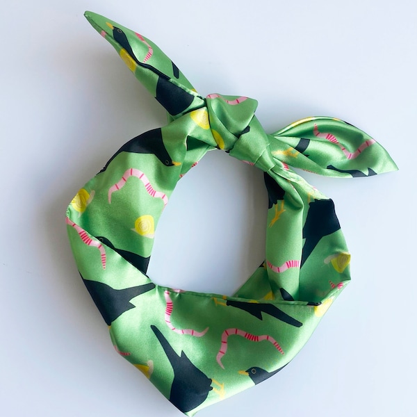 Satin hair scarf | cute green nature print with blackbirds, pink worms and yellow snails | handmade