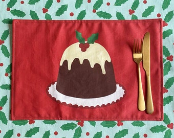 Fabric placemat set | Christmas pudding print | red and green