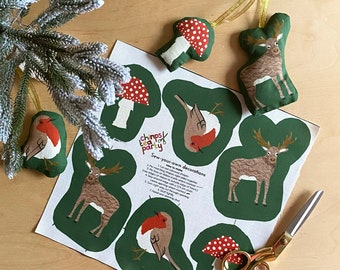 Sew your own Christmas tree fabric decorations | robin, reindeer and mushroom | sewing craft project