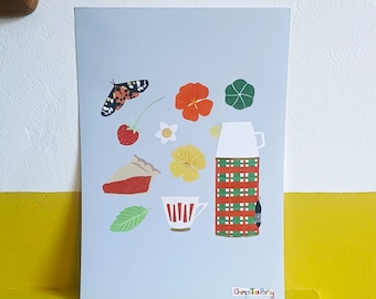 Nature walk print | giclee print of a rambler's lunch | vintage flask, cherry pie, insects, flowers and leaves