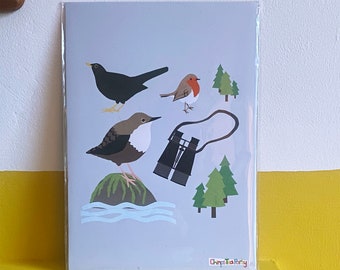 Bird spotting print | giclee print inspired by nature with blackbird, robin, dipper, tree and binoculars