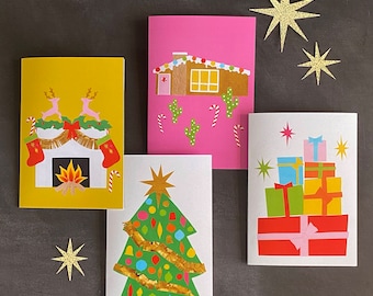 Christmas cards | pack of 4 | mid century festive illustrations