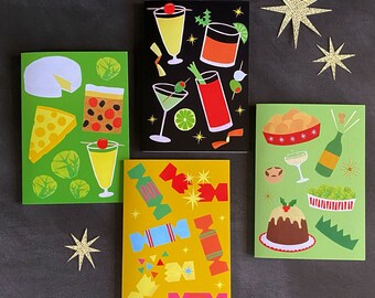 Christmas cards | pack of 4 | festive fun food and drink illustrations