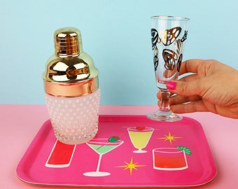 Serving tray | birch ply | bright pink with atomic, mid century style cocktail design