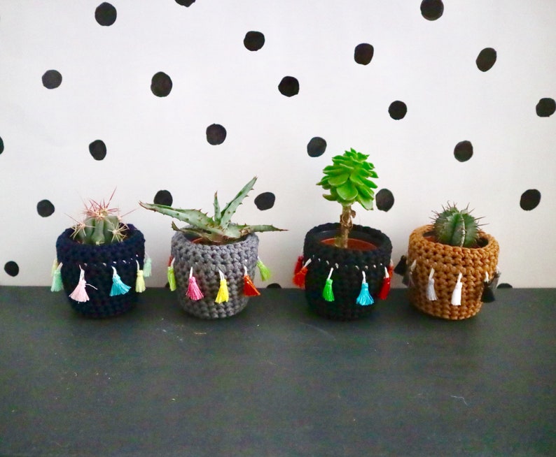 Recycled Yarn by Chimps Tea Party mustard with monochrome tassels Crochet cactus cosy