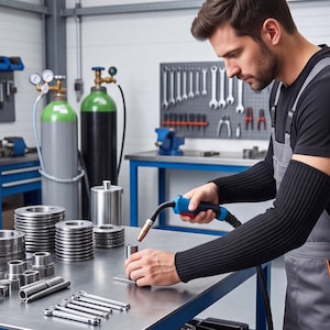 May include: A person wearing a black shirt and grey overalls uses a blue and black MIG welding torch on a metal workbench. The table features stacks of circular metal rings, cylindrical components, and several small metal rods and tools.