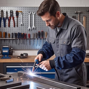 May include: A grey work coverall with dark blue denim sleeves and black cuffs. The garment features a button-down front with two chest pockets and a collar. The coverall is worn while operating a welding torch on a metal beam, creating sparks.