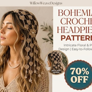 May include: A beige crochet headpiece featuring a repeating floral pattern with small white pearl accents. The headpiece includes long, dangling strands of crocheted flowers tipped with pearls, shown in both side and back views.