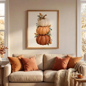 Stacked Pumpkin Wall Art, Watercolor Fall Print, Thanksgiving Decor, Cottagecore Autumn Poster, Vintage Digital Download