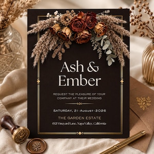 May include: A black wedding invitation card featuring gold border lines and text that reads Ash & Ember, Request the pleasure of your company at their wedding, Saturday, 21-August-2026, The Garden Estate, 4521 Vineyard Lane, Napa Valley, California.