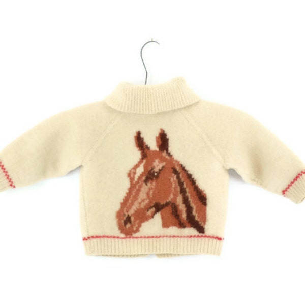 Vintage Hand Knit Wool Sweater with Horse and Horse Shoe  2T to 4T