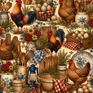 May include: A patterned fabric featuring roosters, hens, and speckled eggs in baskets. The design includes blue and white floral ceramic pitchers, wooden spoons, a blue lantern, a large mixing bowl, and red and white checkered cloth accents.