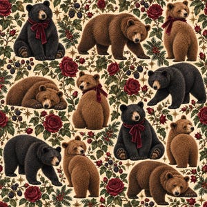 Vintage Bear & Rose Cotton Fabric, Rustic Woodland Botanical Quilting Material, 60 Inch Wide