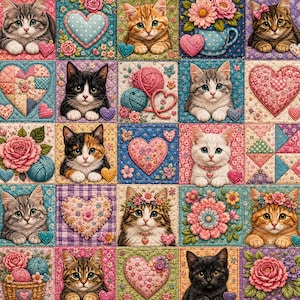 May include: A quilt-style fabric pattern featuring a grid of squares with illustrations of various kittens, pink and blue hearts, yarn balls, and floral arrangements in soft pastel colours, creating a repeating decorative textile design.