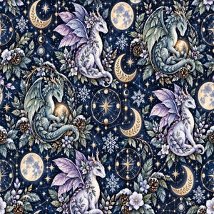 May include: A dark blue fabric pattern featuring repeating illustrations of winged dragons, full moons, crescent moons, stars, snowflakes, pinecones, and floral elements. The dragons are depicted in shades of white and light purple.