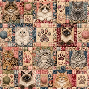 Könnte beinhalten: Ein Patchwork-Steppstoff mit einem sich wiederholenden Muster aus verschiedenen Katzenrassen, Wollknäueln und Pfotenabdrücken. Das Design umfasst florale und karierte Quadrate in Rot-, Blau-, Beige- und Grüntönen mit detaillierten Katzenbildern.