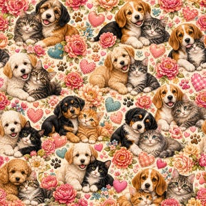 May include: A repeating pattern featuring various puppies and kittens cuddling together, interspersed with pink and peach-colored flowers, small hearts, and paw prints. The design showcases diverse breeds of dogs and cats in a soft, colorful illustration.