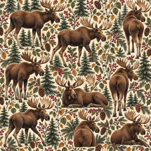 May include: A repeating fabric pattern featuring brown moose in various poses, including standing, walking, and lying down, interspersed with green pine trees, birch tree trunks, brown pine cones, and clusters of small red berries on a cream background.