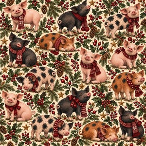 May include: A repeating pattern featuring various piglets in shades of pink, black, and brown, each wearing a red knit scarf with white snowflake patterns or a red bow, set against a background of green holly leaves, red berries, and gold stars.