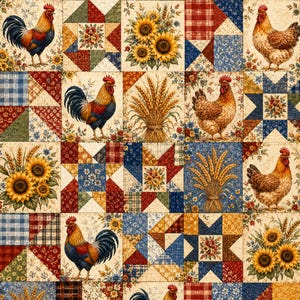 Puede incluir: Una tela de patchwork con una cuadrícula repetitiva de cuadrados con ilustraciones de gallos, gallinas, girasoles, gavillas de trigo y patrones de estrellas geométricas en una paleta de colores rojo, azul, amarillo, verde y crema.
