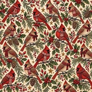 May include: A repeating pattern featuring red cardinals wearing patterned scarves perched on evergreen branches with red berries, pinecones, and gold stars against a cream background. The birds are depicted in various poses.