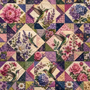 May include: A quilted fabric featuring a repeating pattern of hummingbirds, pink peonies, purple lavender, blue hydrangeas, and roses. The design is composed of diamond-shaped blocks and smaller geometric triangles in shades of purple, pink, and green.