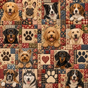 May include: A fabric panel featuring a patchwork quilt design with various dog breeds including a Golden Retriever, French Bulldog, Border Collie, Beagle, Rottweiler, Labradoodle, Labrador, Yorkshire Terrier, Dachshund, Boxer, Husky, and Bernese Mountain Dog.