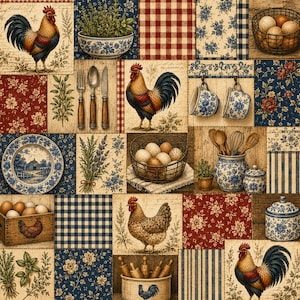 May include: A multi-panel fabric print featuring roosters, blue and white floral patterns, red and white gingham, and kitchen motifs including eggs in wire baskets, ceramic bowls, wooden utensils, and blue and white pottery on a textured background.
