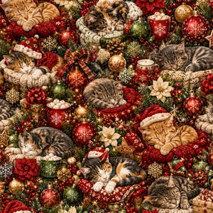 May include: A festive pattern featuring multiple sleeping kittens nestled among Christmas decorations, including red and green ornaments, pine branches, poinsettias, snowflakes, and mugs filled with marshmallows, all in a holiday theme.