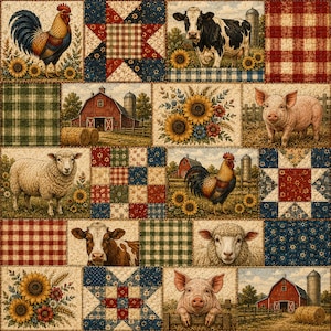 May include: A patchwork fabric panel featuring a grid of farm-themed illustrations including roosters, cows, sheep, and pigs, interspersed with red barns, hay bales, sunflowers, and geometric star patterns in shades of red, blue, and cream.
