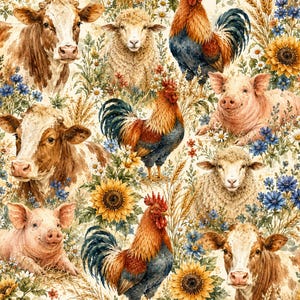 May include: A pattern featuring brown and white cows, fluffy sheep, pink pigs, and colorful roosters interspersed with sunflowers, wheat stalks, and small blue and white wildflowers. The design is set against a light cream background.