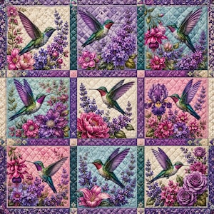 May include: A quilted fabric panel featuring a grid of nine squares, each displaying a hummingbird in flight surrounded by vibrant flowers including lilacs, irises, and roses in shades of purple, pink, and green with a diamond-stitched texture.
