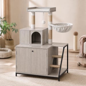 Modern Cat Tree with Hidden Litter Box Cabinet, Sisal Scratching Mat, Hammock, Platform