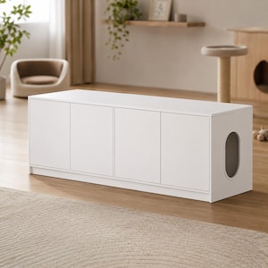 May include: A rectangular white storage cabinet featuring four solid front doors and a smooth top surface. The side panel includes a single oval-shaped cutout opening, providing a functional entry point for pets to access the interior space.