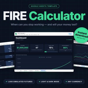 Op de afbeelding: Een Google Sheets-sjabloon voor een FIRE-calculator met een donker dashboard met financiële statistieken, waaronder een FIRE-getal van $1.000.000, leeftijd, spaarpercentage en slagingskans. Inclusief een groene badge voor directe download.