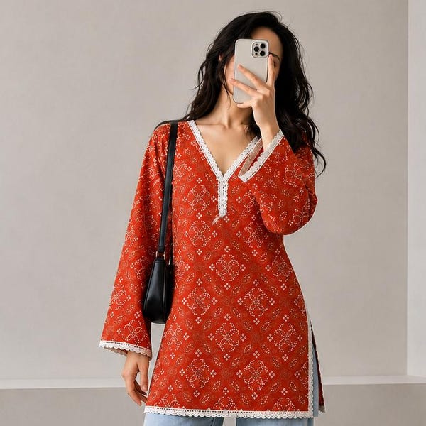 Tunique indienne rouge imprimée en rayonne, kurta ethnique à col en V, bordure en dentelle blanche