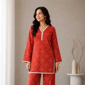May include: A red long-sleeved tunic and matching wide-leg trousers set featuring a repeating white geometric pattern. The tunic has a V-neckline and the hem, cuffs, and trouser bottoms are finished with a white scalloped lace trim detail.