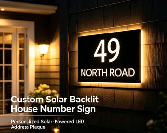 Custom Solar Powered House Number Sign, LED Illuminated Address Plaque, Personalized Outdoor Home Address Sign, Housewarming Gift